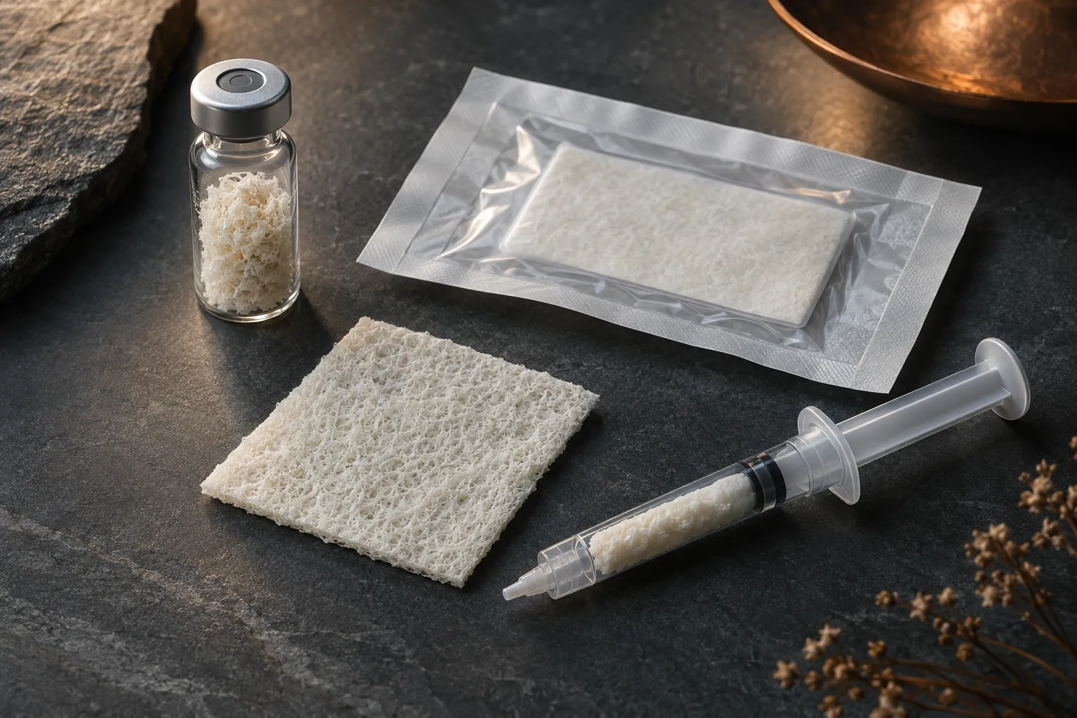 Sterile graft products arranged on stone: bone fiber vial, collagen sheet, sealed pouch, and putty syringe