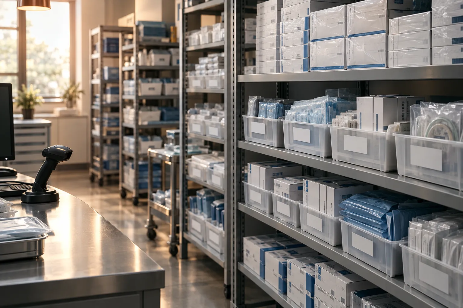 Organized consignment room with labeled sterile supply bins on steel shelving