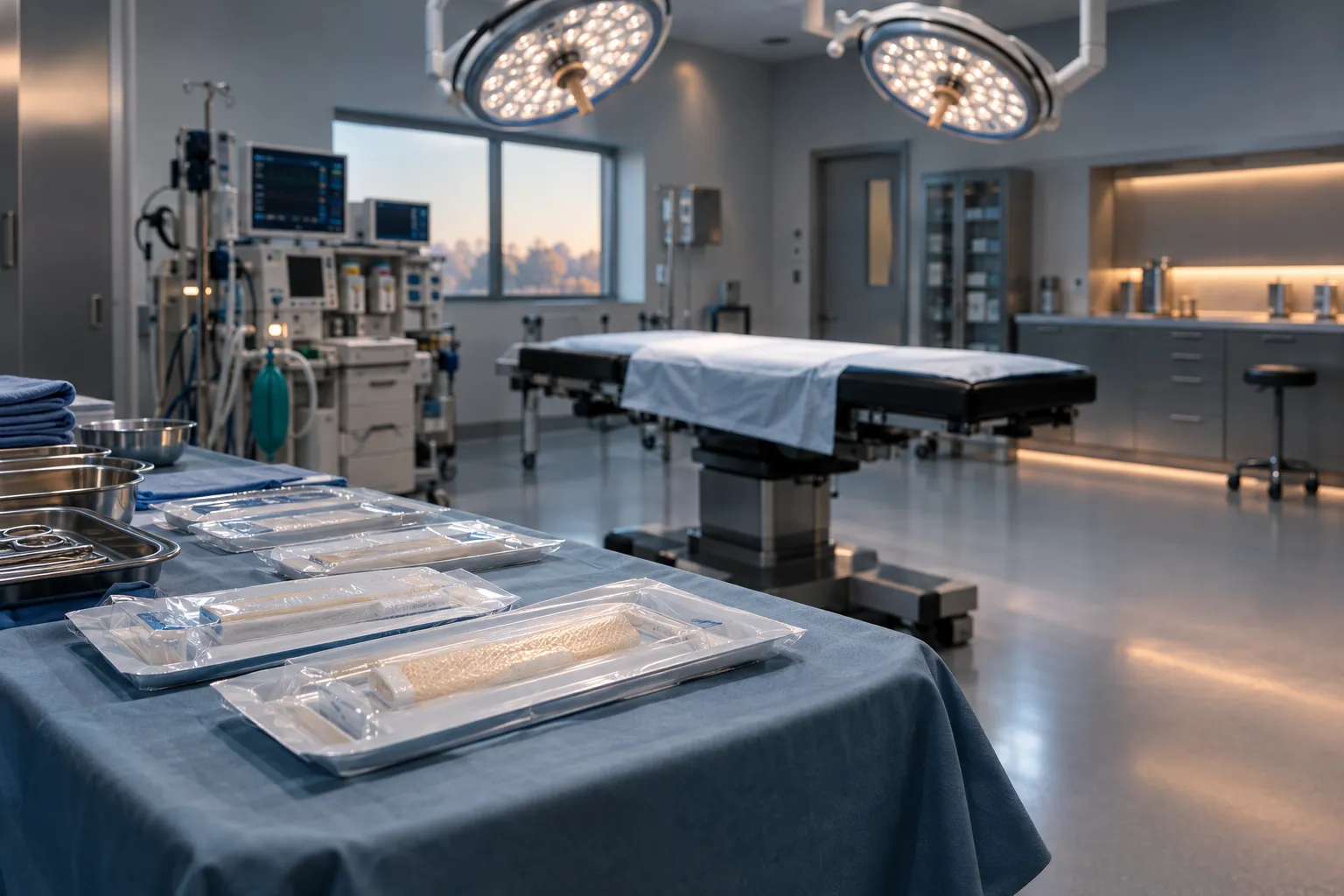 Empty modern ambulatory surgery center operating room with sterile graft trays on the back table